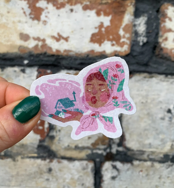 Forest Babushka / Slavic witch casting a spell for safe home / Sparkly holographic vinyl sticker by Kamila Krol