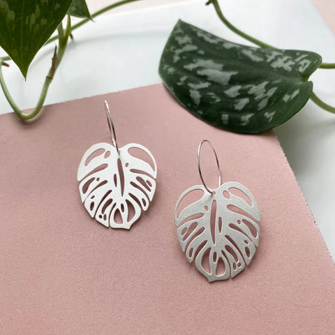 Silver Monstera Leaf Hoop Earrings